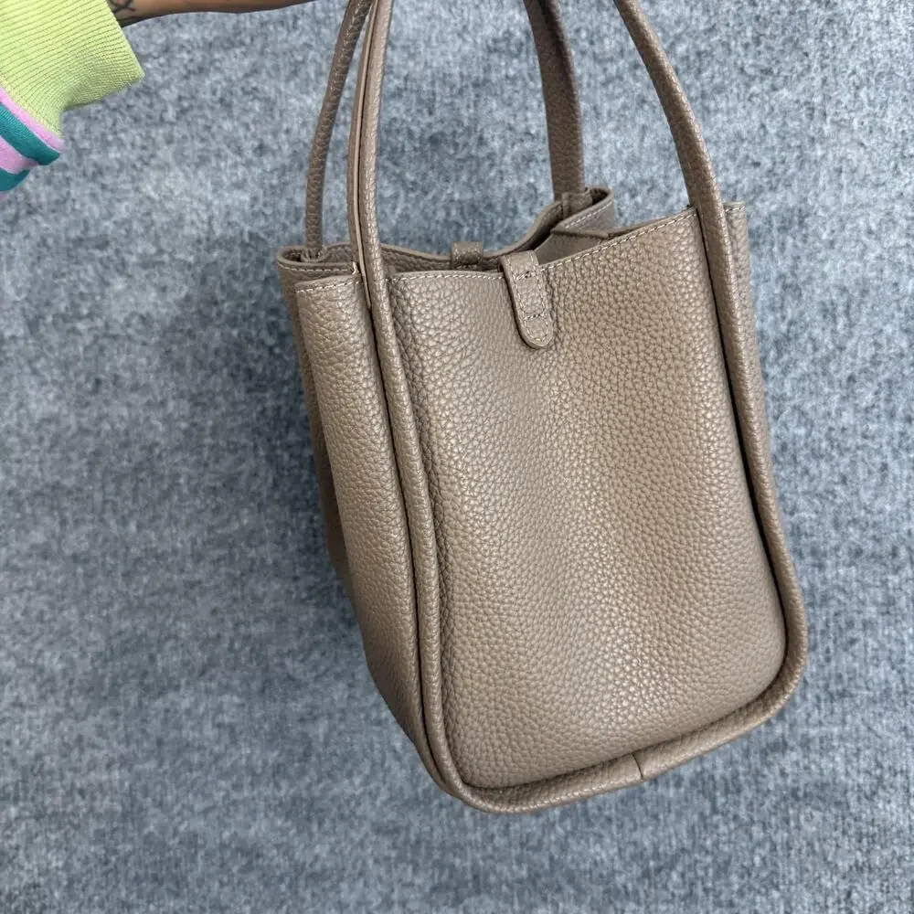 Songmont Mini Tote Bag in Taupe Pebbled Leather Top Handle Bucket Minimalist